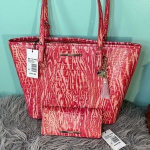 New Brahmin Medium Asher Beloved  Pink Patterned Tote Bag with Matching Wallet